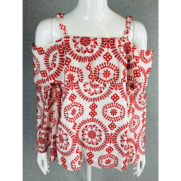 INC International Concepts Womans Sz Small Blouse Embroidered Long Sleeve Red - Picture 2 of 9
